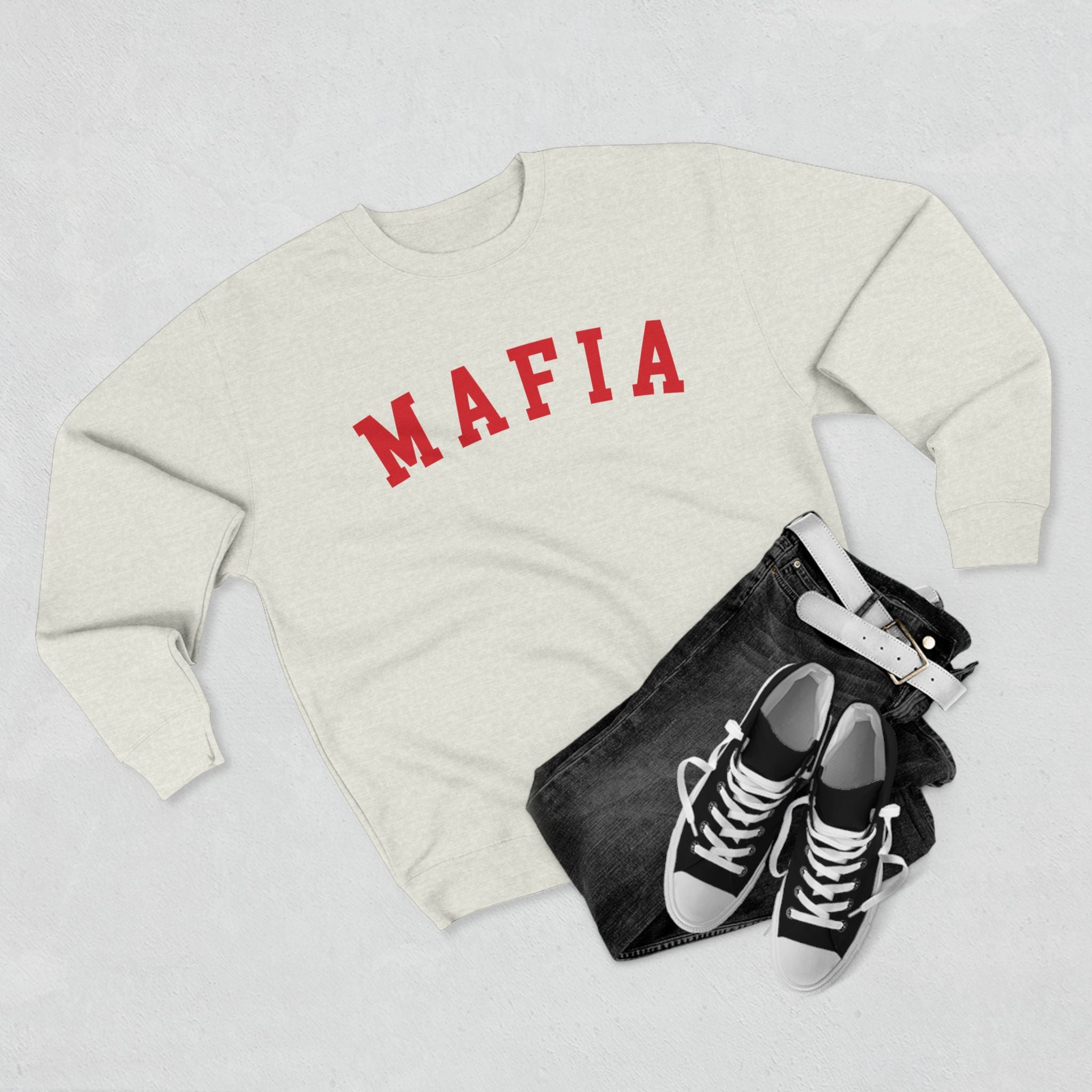 Mafia Crewneck Sweatshirt - Vintage Collegiate Red Lettering