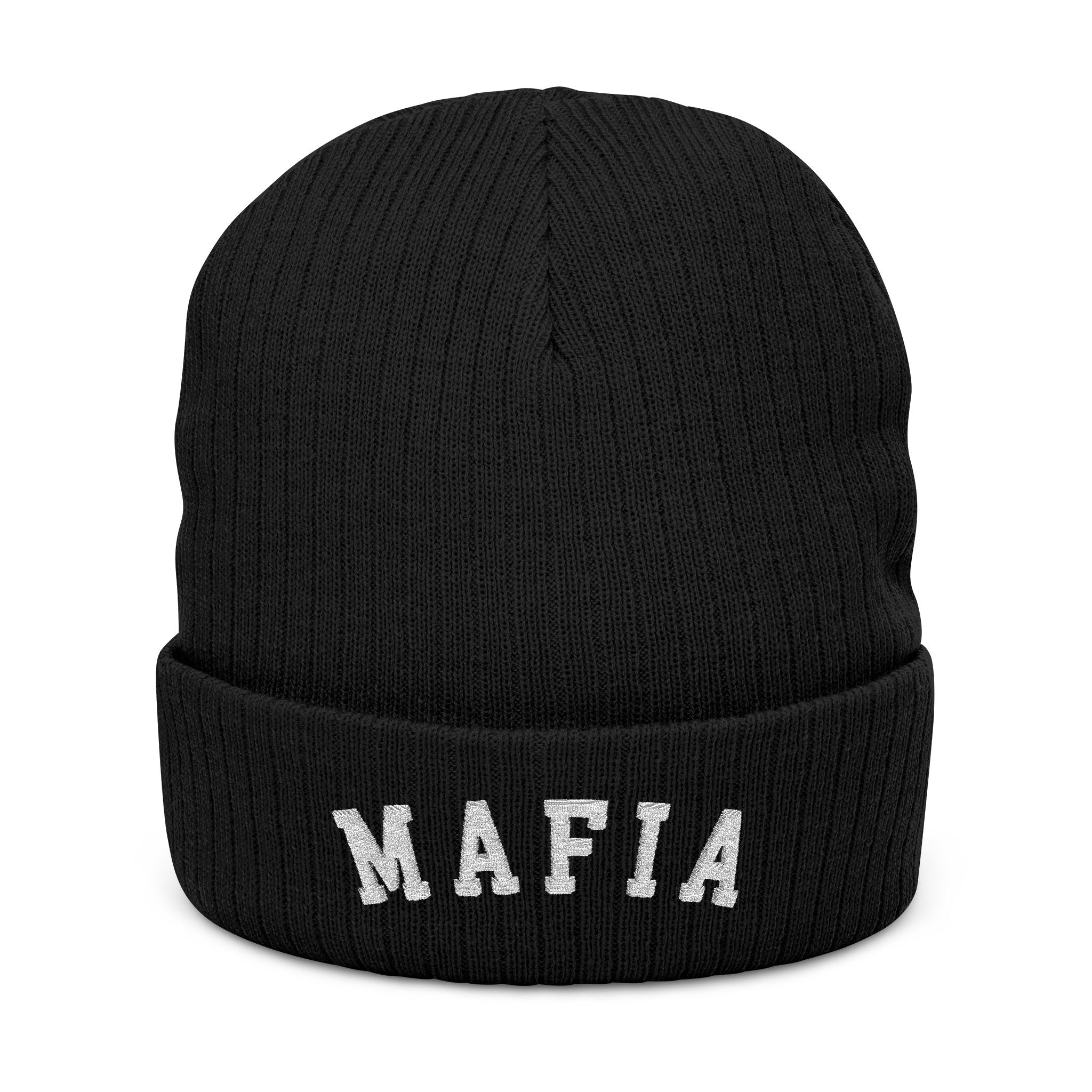 ROC MAFIA Embroidered Beanie — MAFIA Ribbed Knit Winter Hat